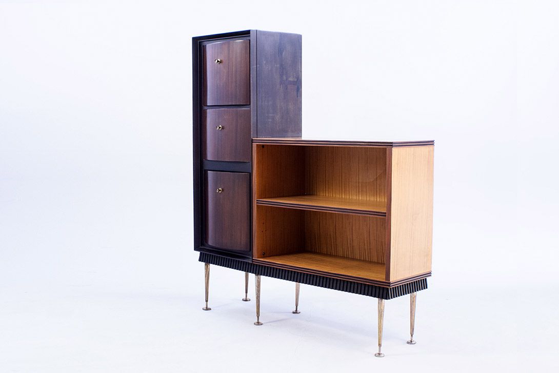 Foto Wooden Bar Cabinet with Rotatable Drawers and Mirror Mosaic Inside Italy 1958
