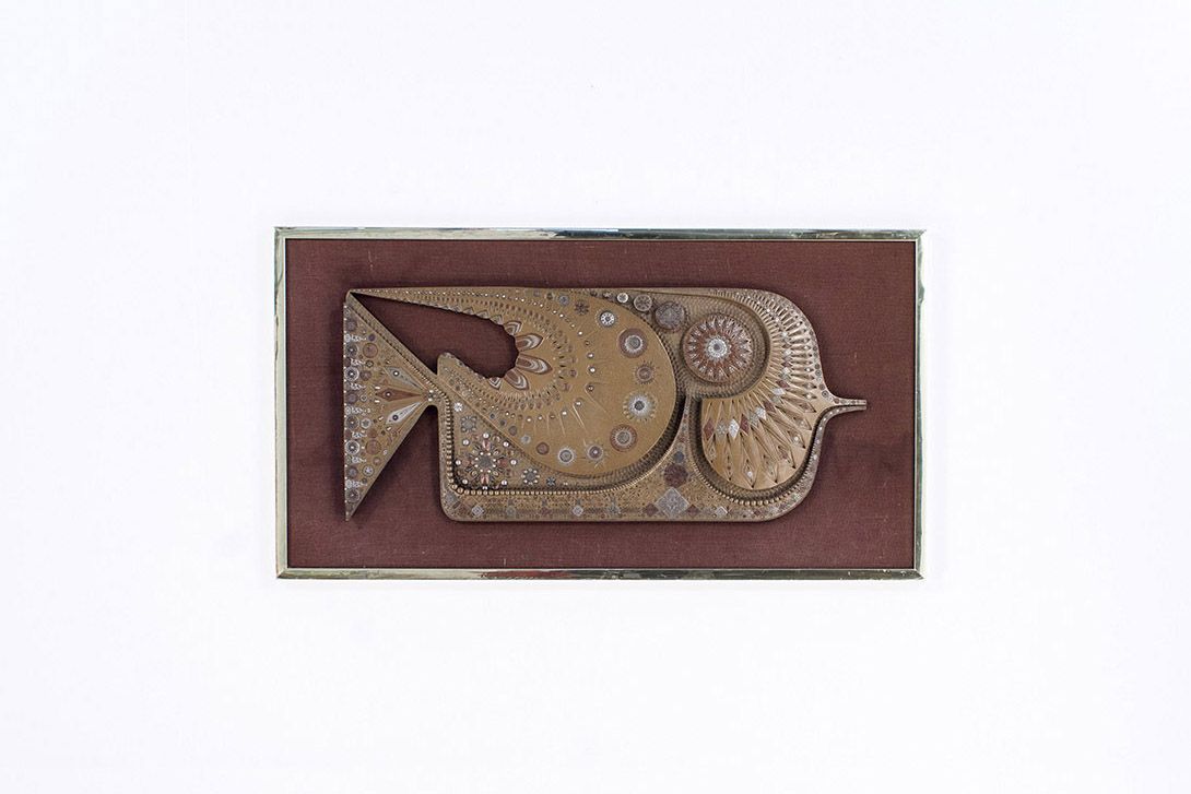 Foto Metal Fish Relief Hippie Art on Frame by Giovanni Schoeman USA 1970 h64x117 4A1