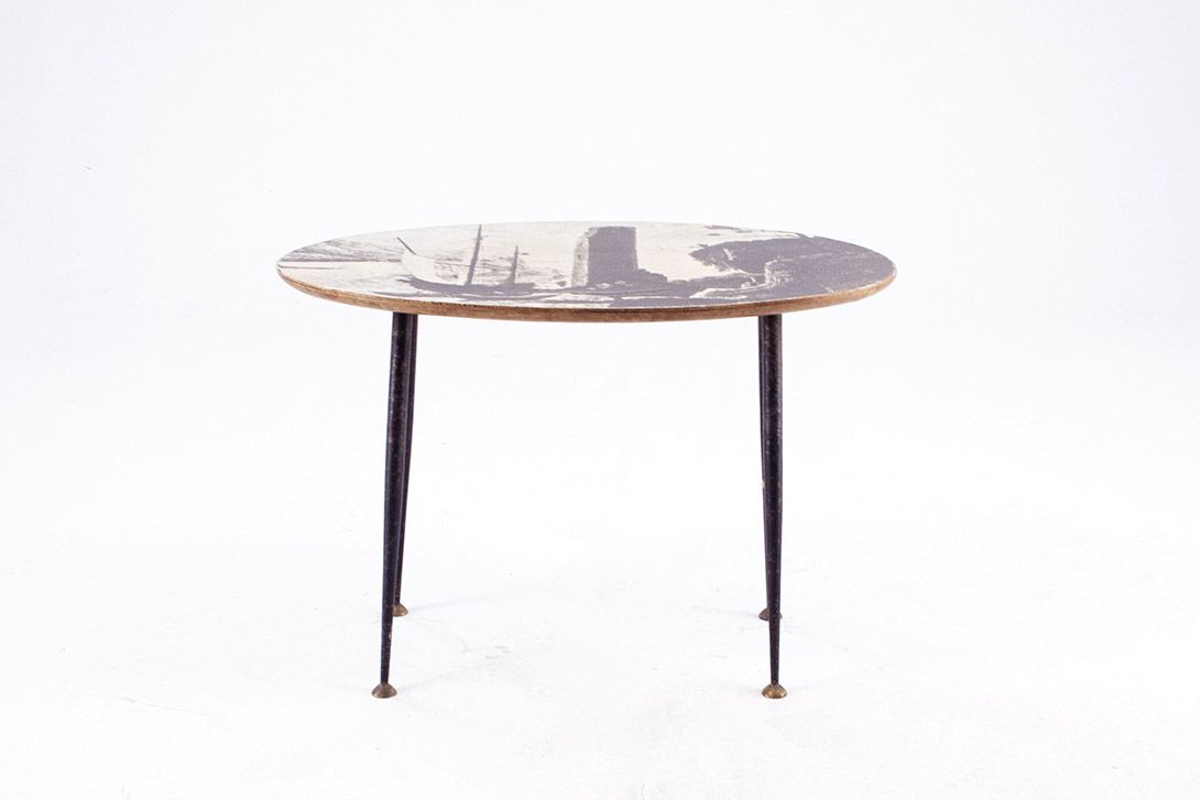 Foto Italian Coffee Table with Ship Print 1955 h48x70x40