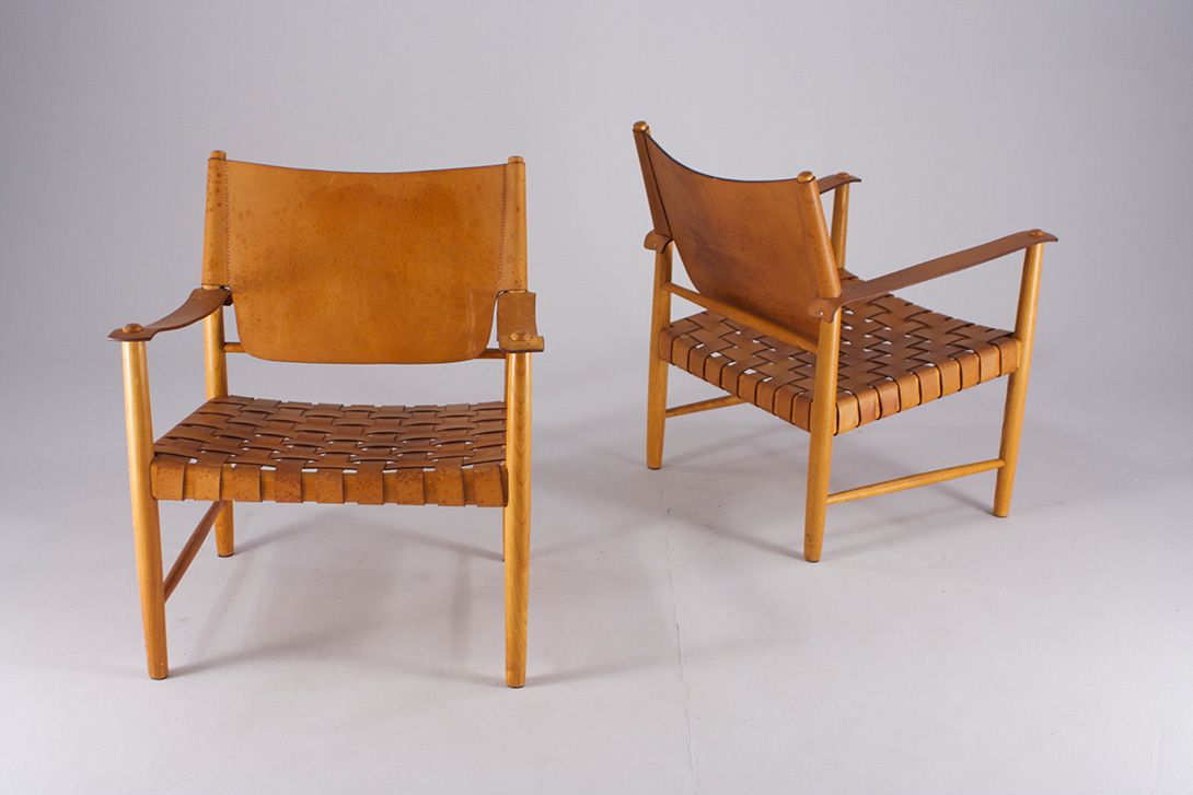 Foto Knitted Leather-Woody Armchair Denmark 1960