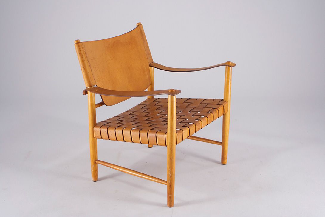 Foto Knitted Leather-Woody Armchair Denmark 1960