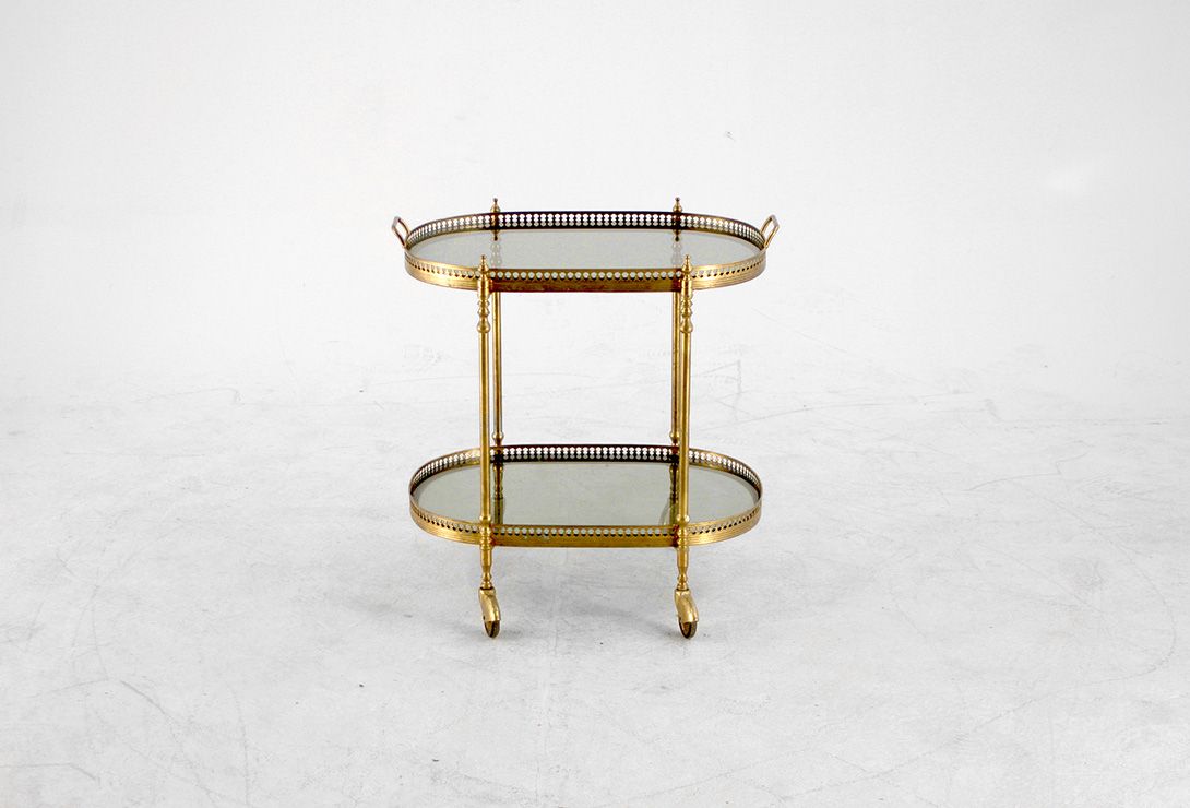 Foto Antique Serving Cart with Glass Trays and Brass Frame Cologne 1950 h57x60x45