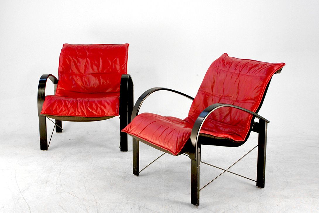 Foto Deep Red Memphis Leather Polhem Armchair by Tord Björklund for Ikea 1982