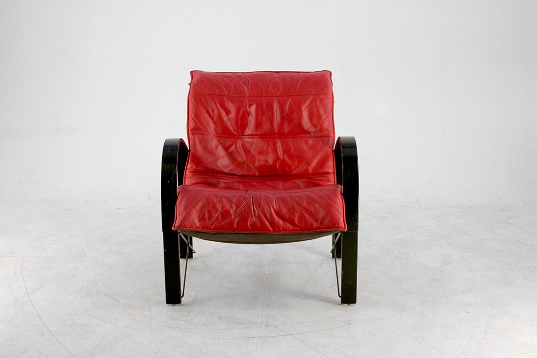Foto Deep Red Memphis Leather Polhem Armchair by Tord Björklund for Ikea 1982