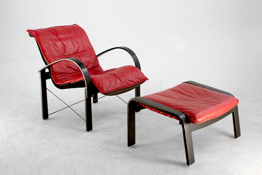 Foto Deep Red Memphis Leather Polhem Armchair by Tord Björklund for Ikea 1982