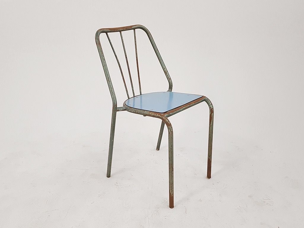 Foto Metal Kitchen Chair with Blue Seating Surface Italy 1962 h76x48x45