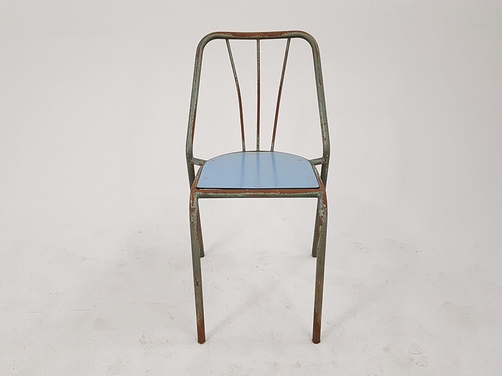 Foto Metal Kitchen Chair with Blue Seating Surface Italy 1962 h76x48x45