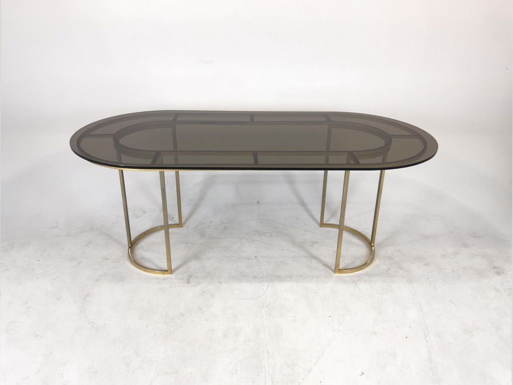Foto Romeo Rega Smoked Glass Table with Brass Base France 1965 h72x186x91