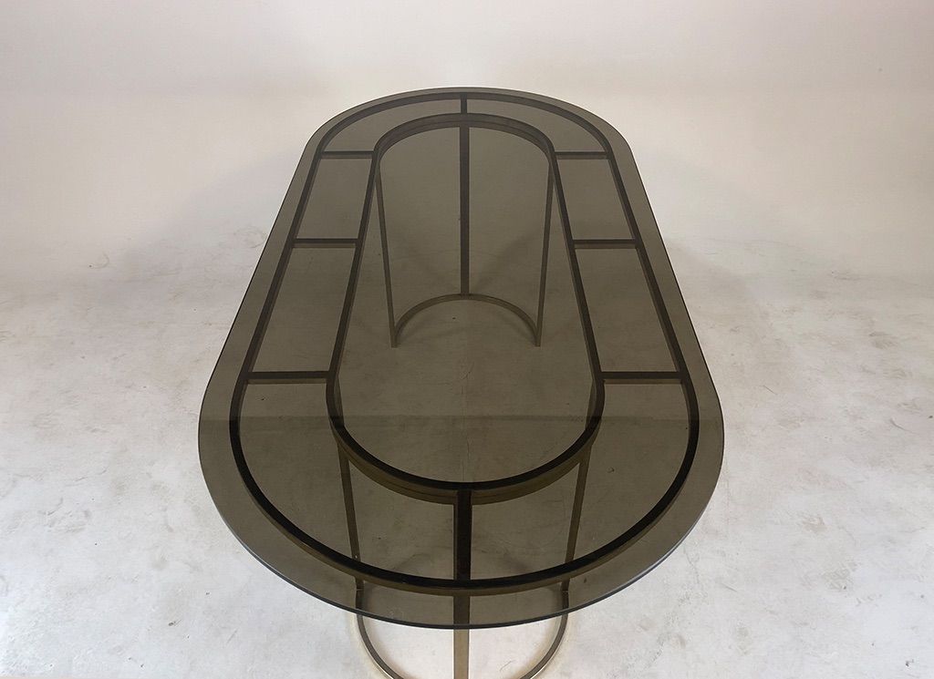 Foto Romeo Rega Smoked Glass Table with Brass Base France 1965 h72x186x91