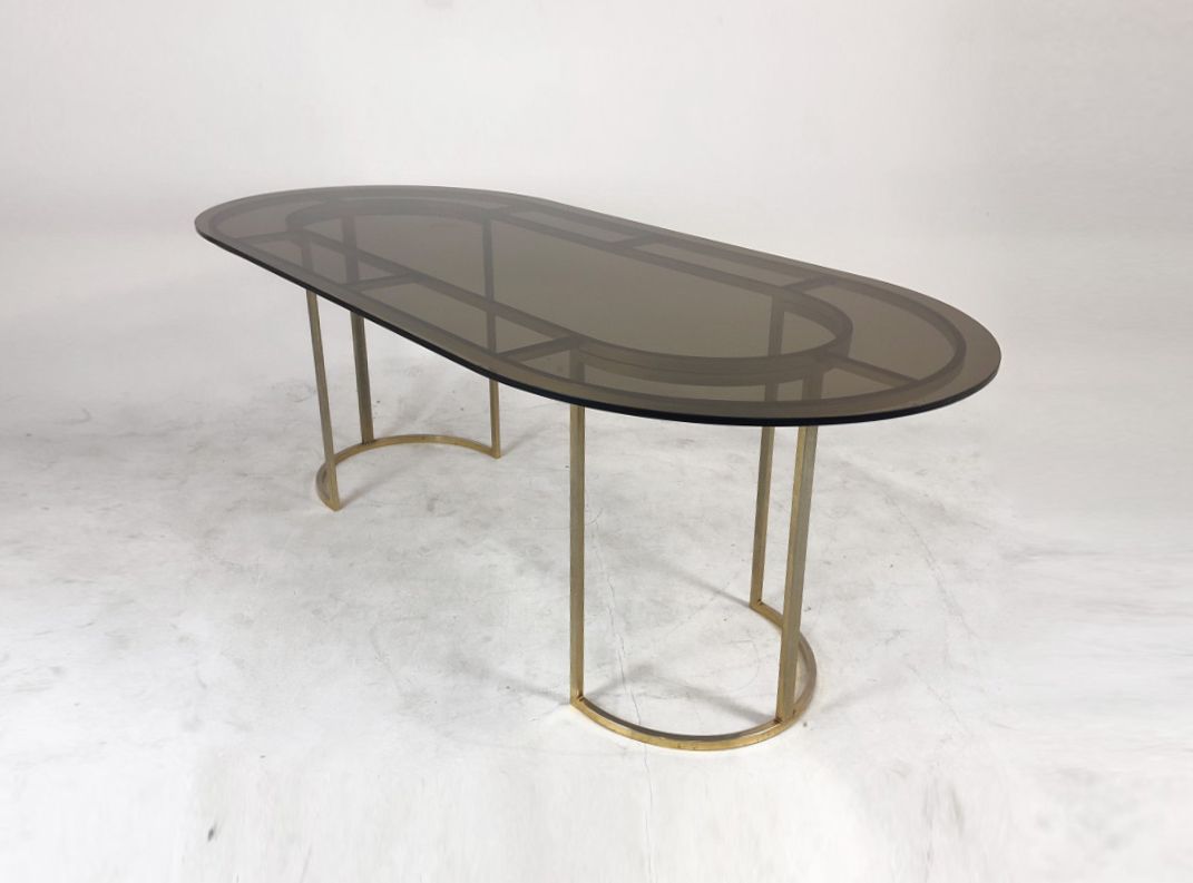 Foto Romeo Rega Smoked Glass Table with Brass Base France 1965 h72x186x91