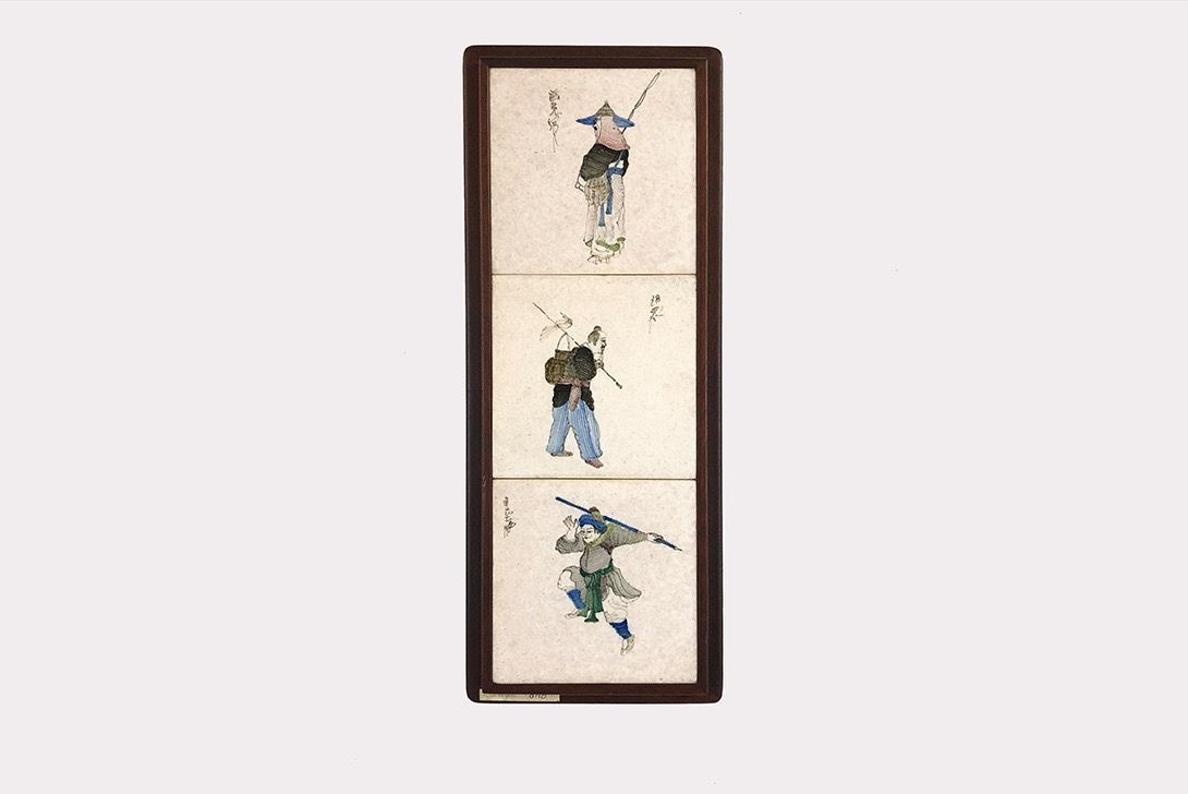 Foto Old Japanese Tile Painting of Men Hand Painted 23A17