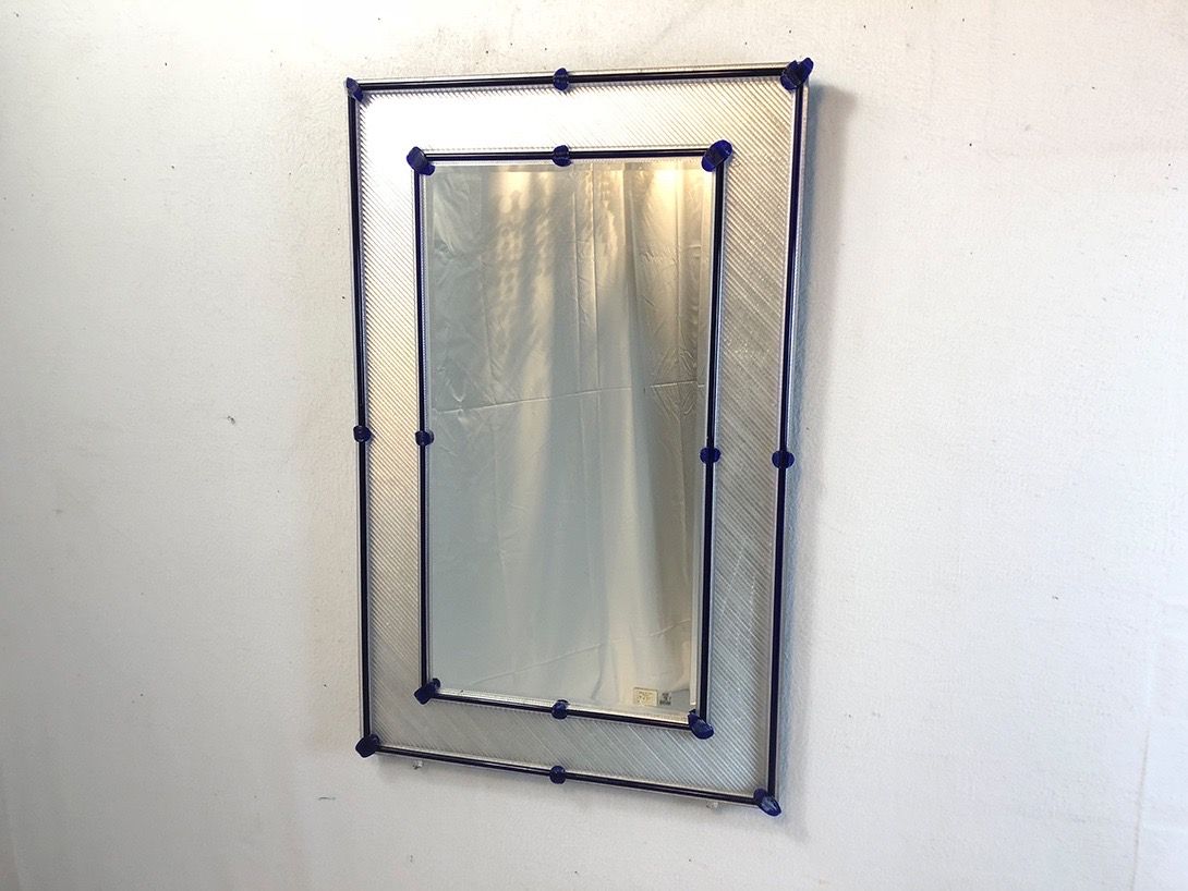 Foto Mirror with Blue and Silver Glass Frame Murano 1976