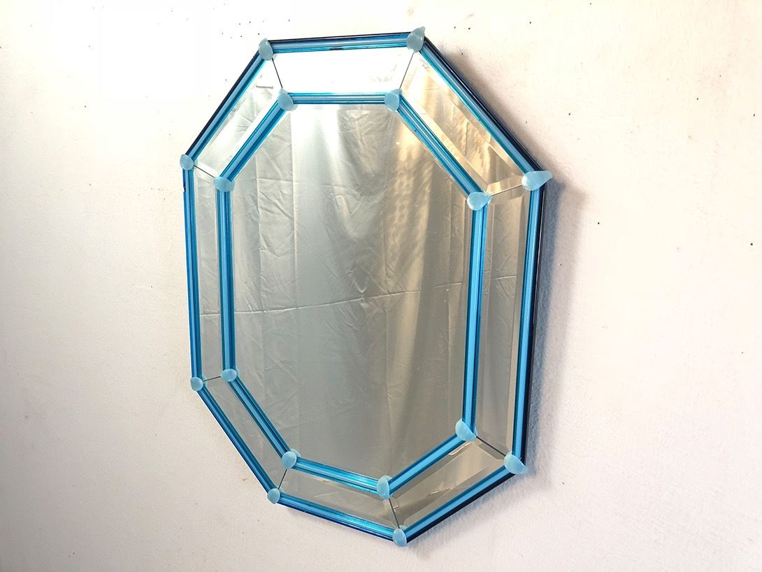 Foto Blue Framed Octagonal Murano Mirror Italy 1980