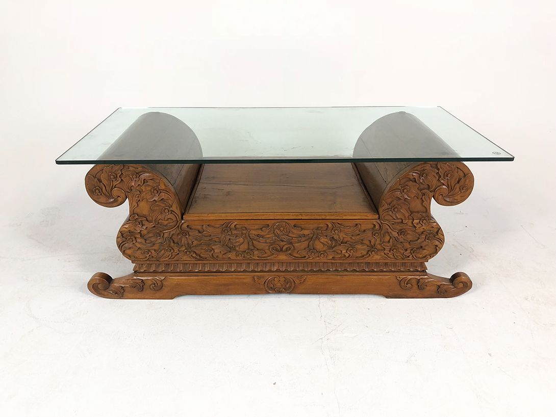 Foto Coffee Table with Glass Top and Massive Wooden Base h51x60x125