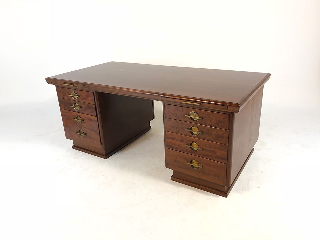 Foto Art Deco Wooden Office Desk with Brass Fittings h77x183x92