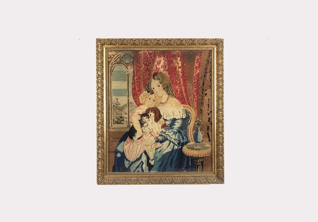 Foto Stitched Artwork of Mother, Daughter and Pets h78x68