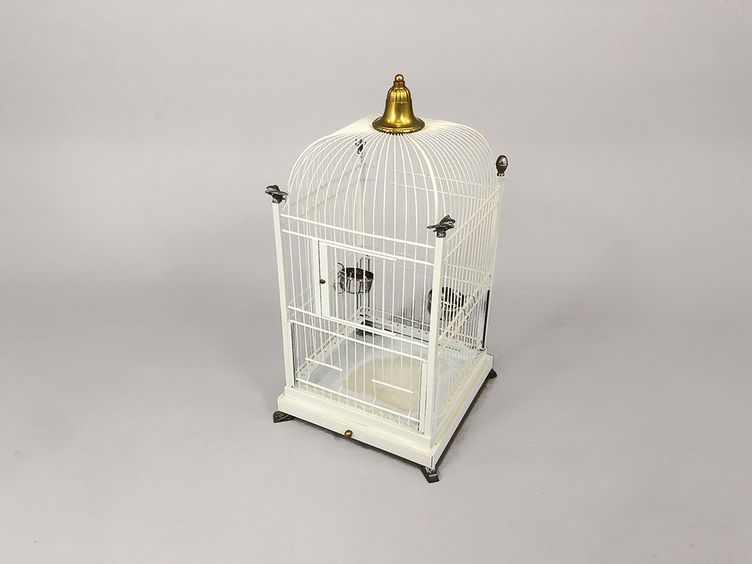 Foto White Bird Cage with Food and Water Bowls and Four Eagles