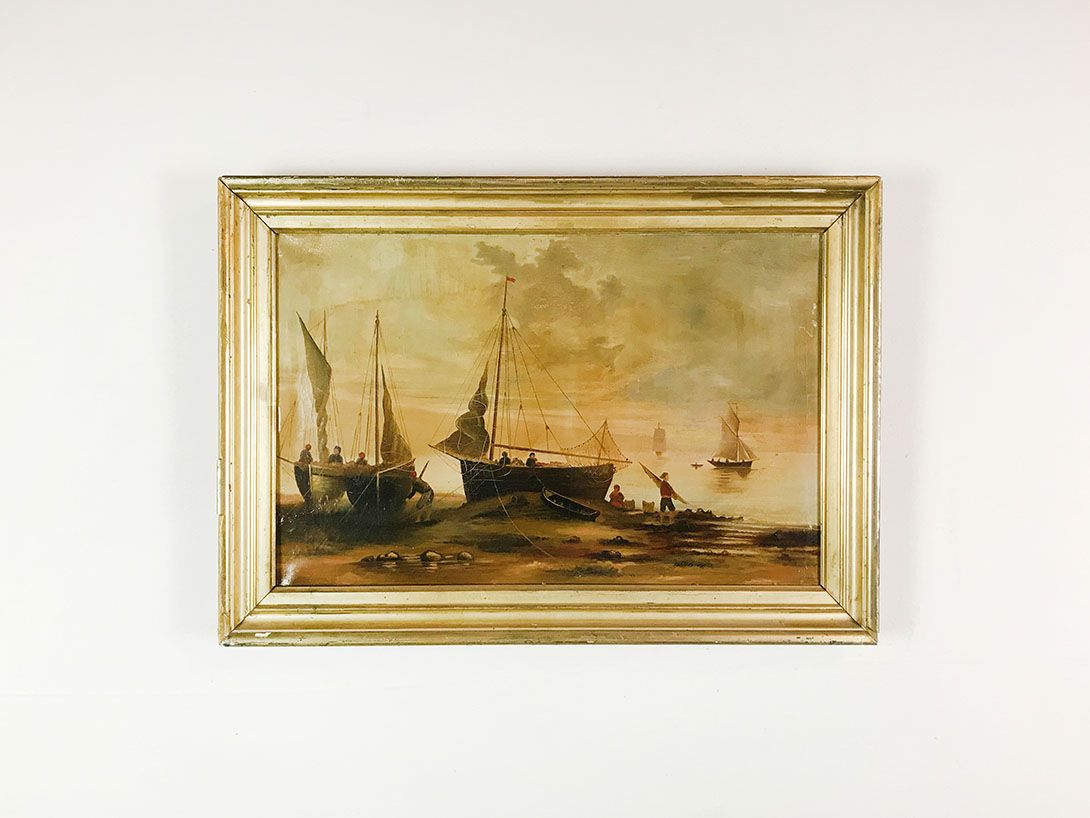 Foto Golden Oil Painting of Sailing Boats by the Coast 23E13