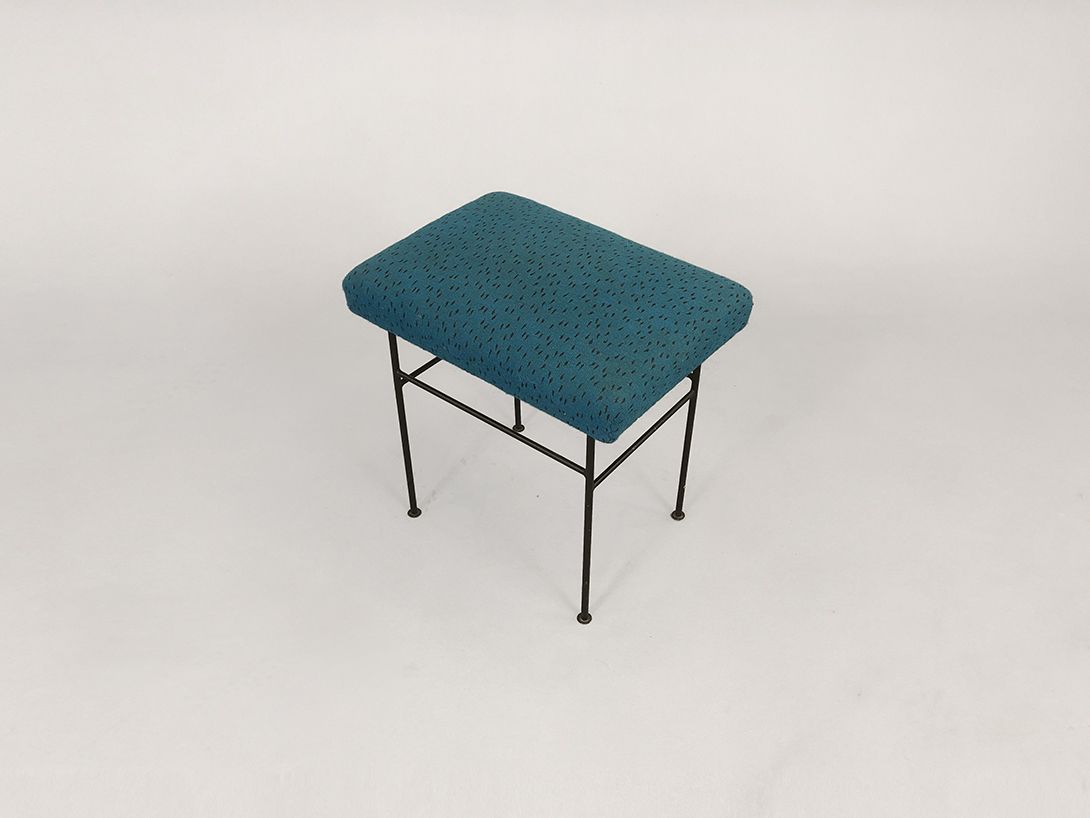 Foto Stool with Black Base and Blue-Green and Black Patterned Upholstery