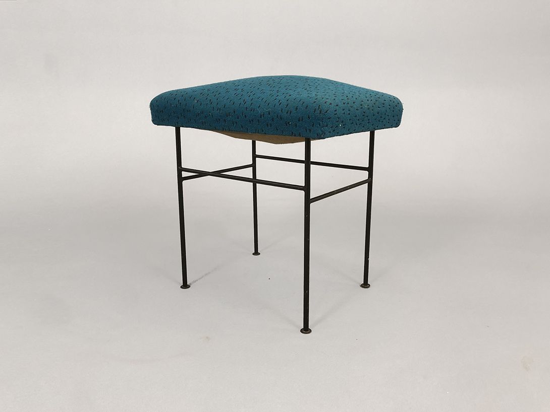 Foto Stool with Black Base and Blue-Green and Black Patterned Upholstery
