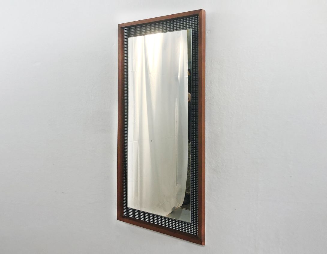 Foto Mirror with Teak and Perforated Black Metal Frame 1970 h92x44
