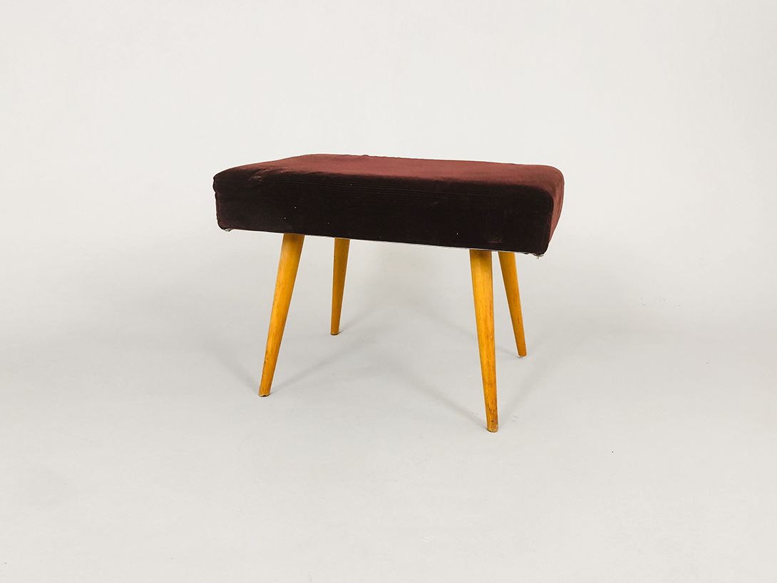 Foto Wooden Stool with Brown Velvet Upholstery and Step Ladder under the Seat