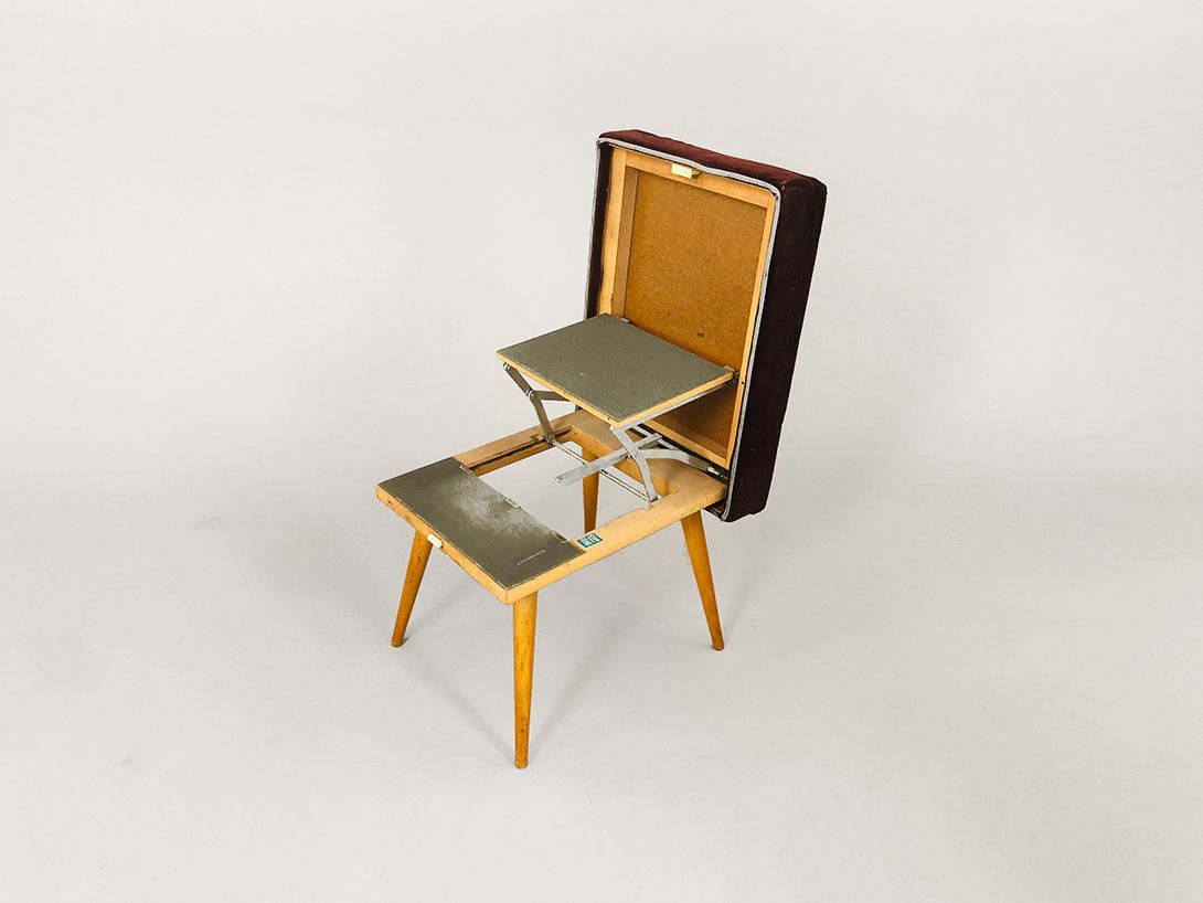 Foto Wooden Stool with Brown Velvet Upholstery and Step Ladder under the Seat