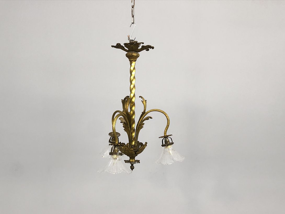 Foto Brass Pendant Lamp with White Glass Flowers ø58