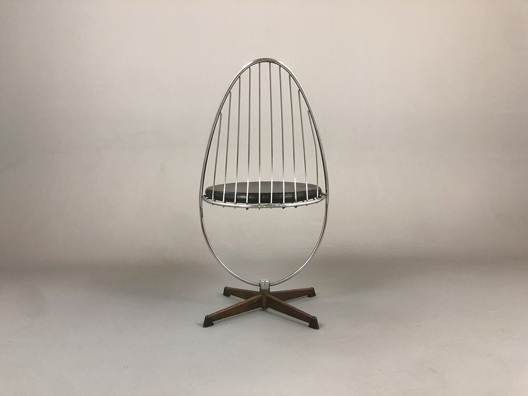 Foto Vintage Wired Metal Chrom Dining Chair with Leather Seat Pad 1974