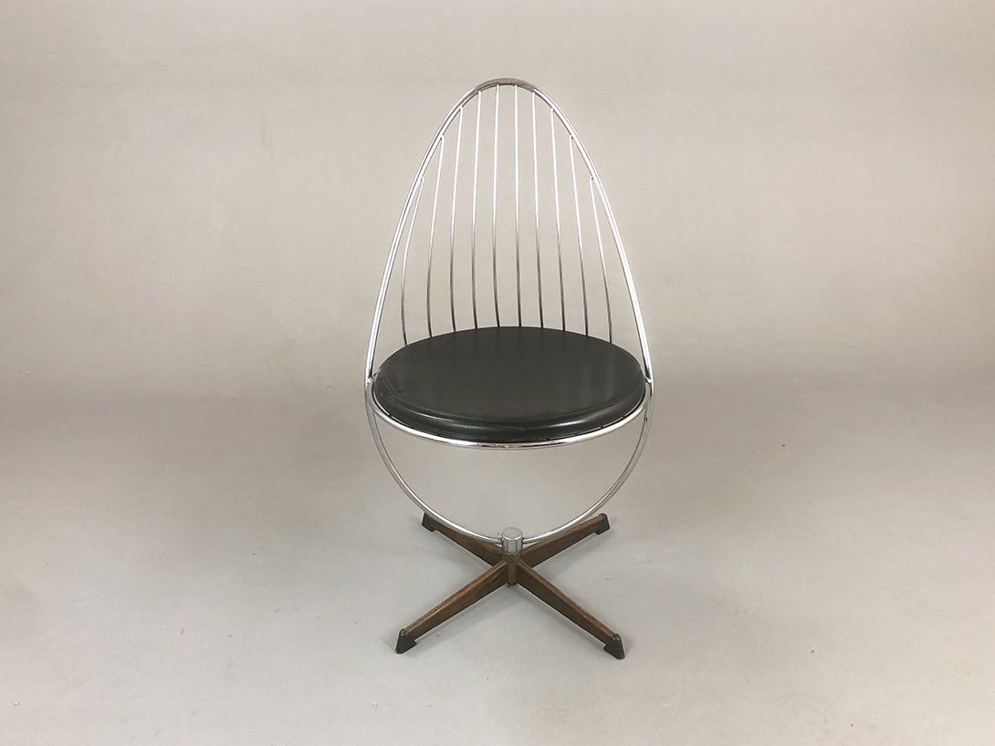 Foto Vintage Wired Metal Chrom Dining Chair with Leather Seat Pad 1974