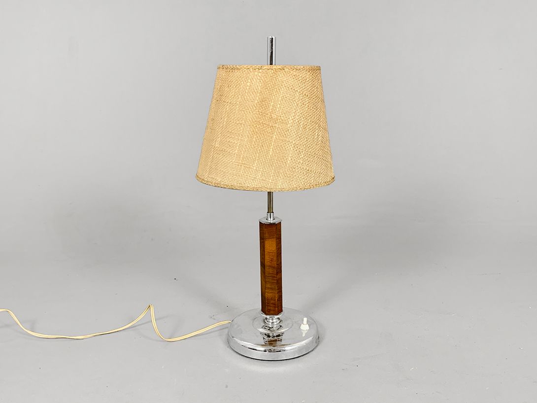 Foto Art Deco Table Lamp Wickerwork Shade Metal Feet Augsburg 1924 h55