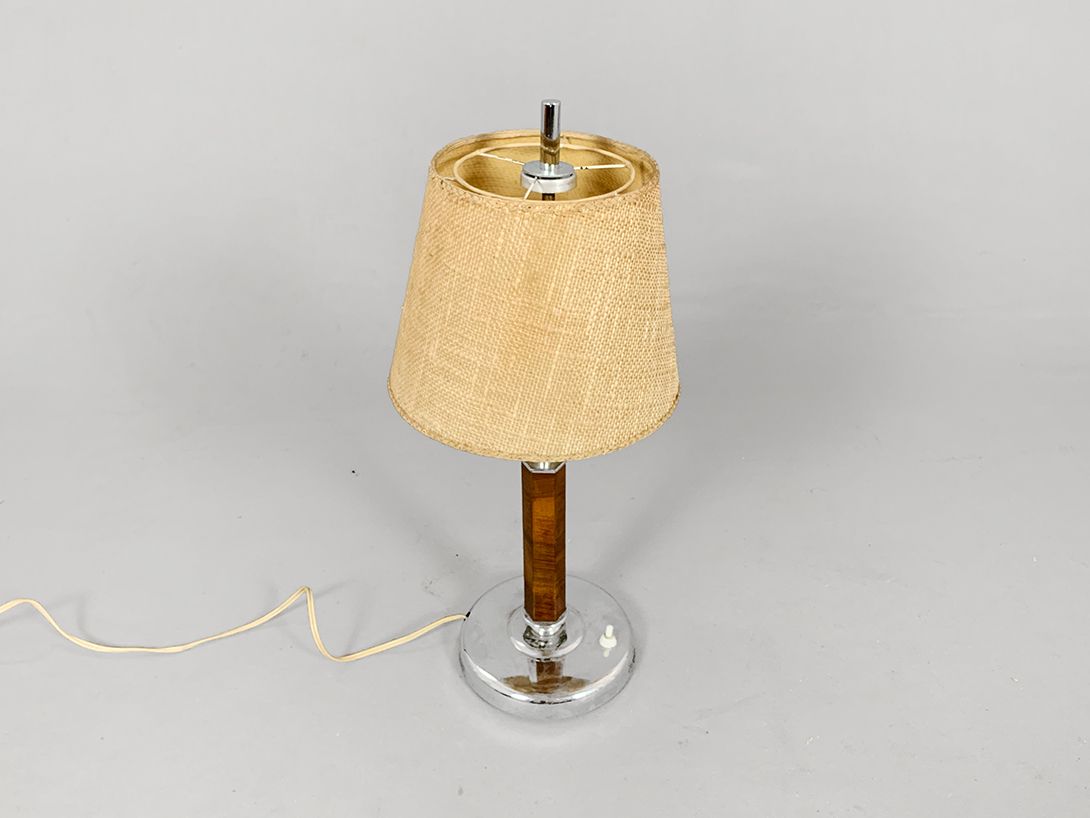 Foto Art Deco Table Lamp Wickerwork Shade Metal Feet Augsburg 1924 h55