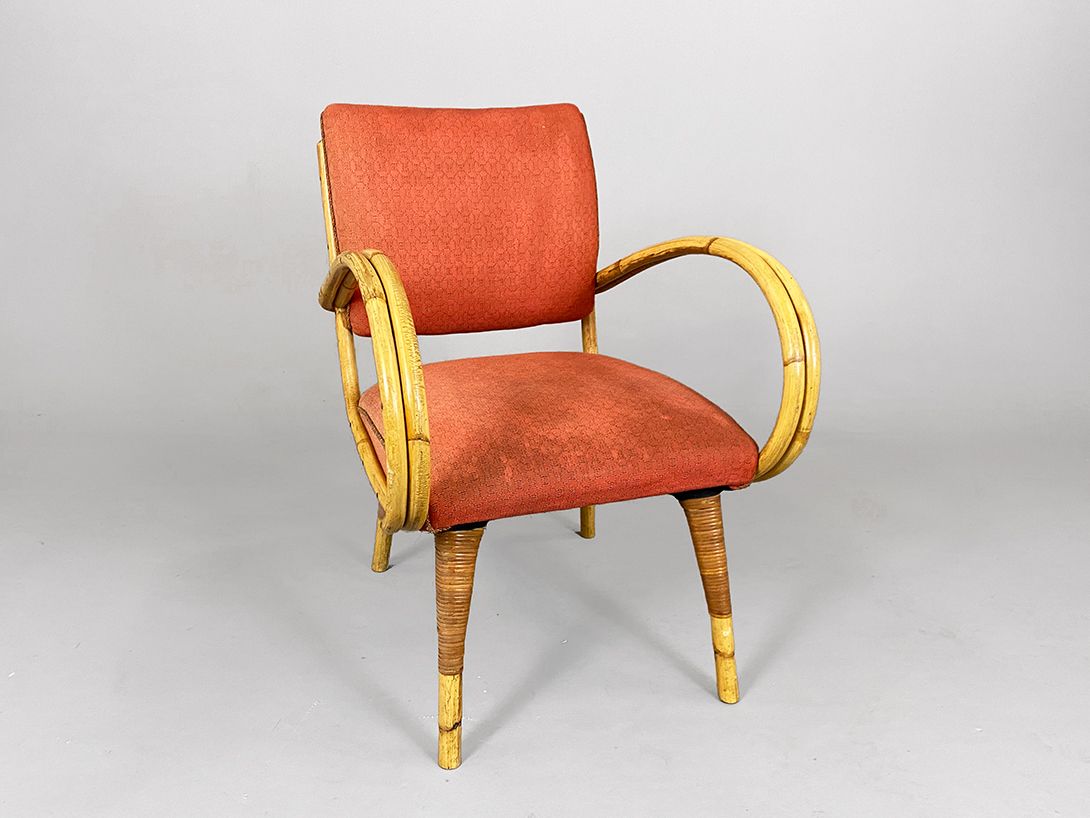 Foto Curved Bamboo Armchair with Red Apolstery