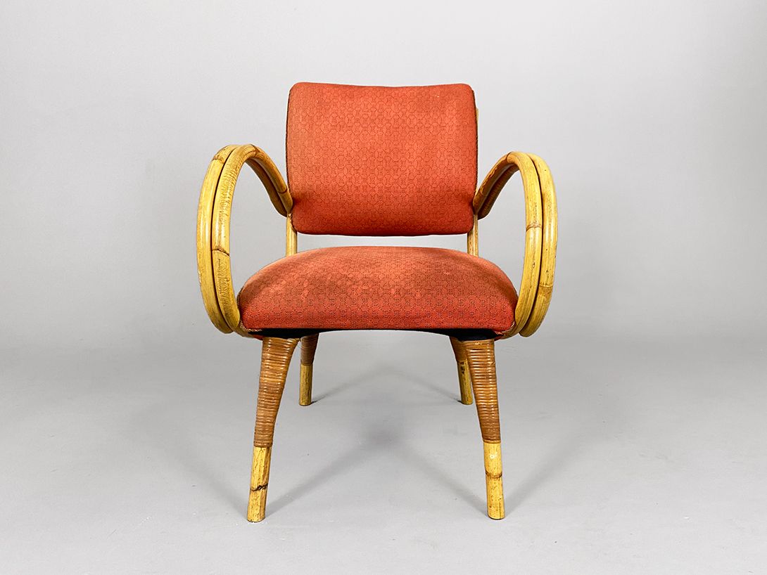 Foto Curved Bamboo Armchair with Red Apolstery