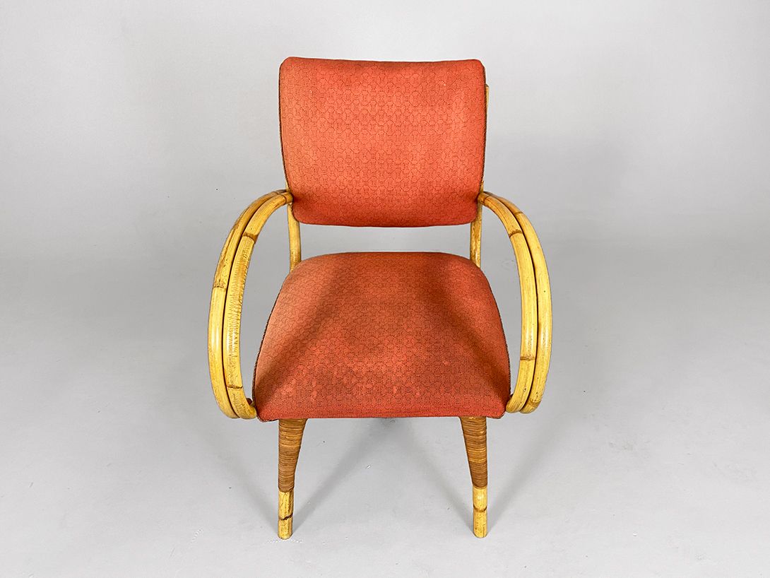 Foto Curved Bamboo Armchair with Red Apolstery