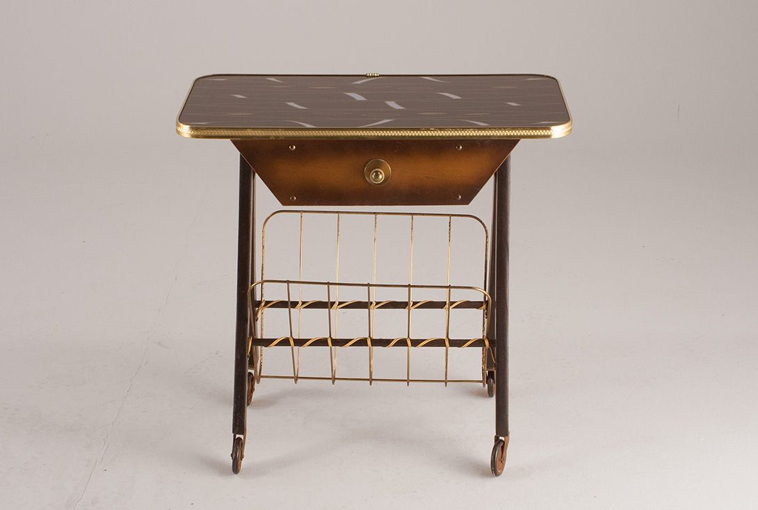 Foto Side Table on Wheels with Newspaper Rack 1950 h55x60x30