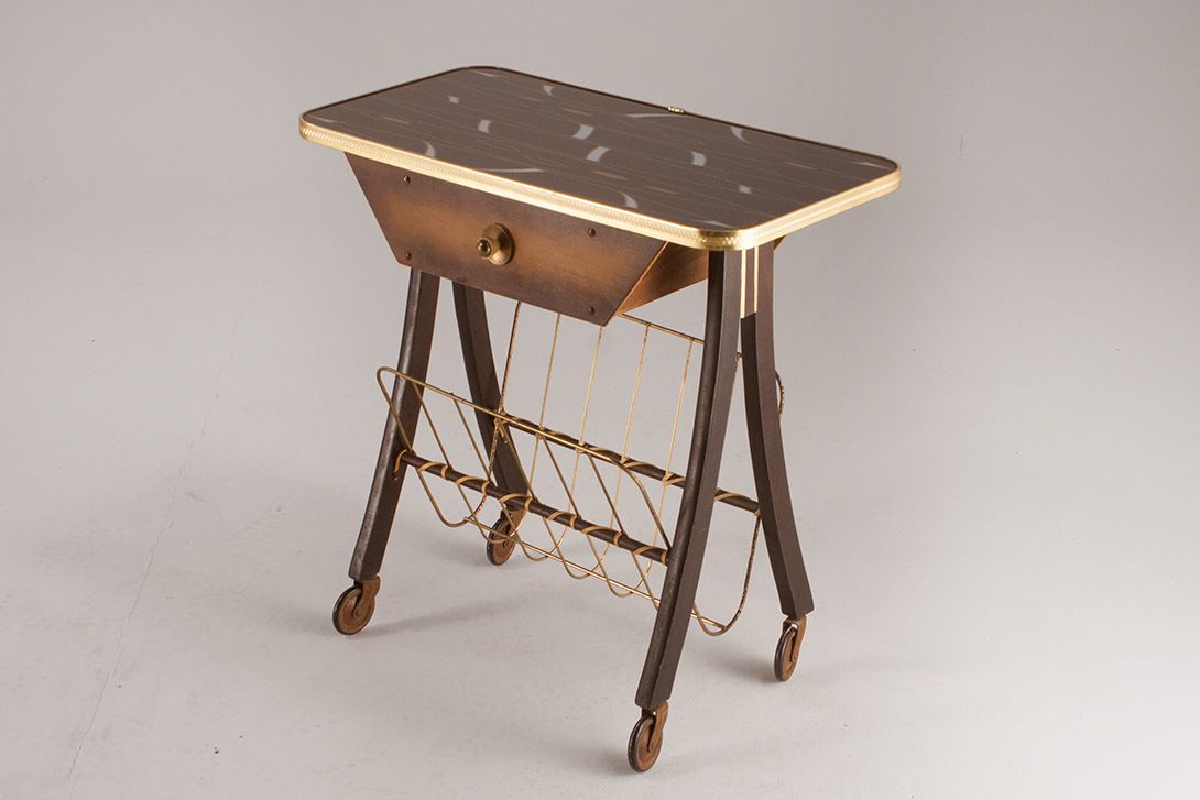 Foto Side Table on Wheels with Newspaper Rack 1950 h55x60x30