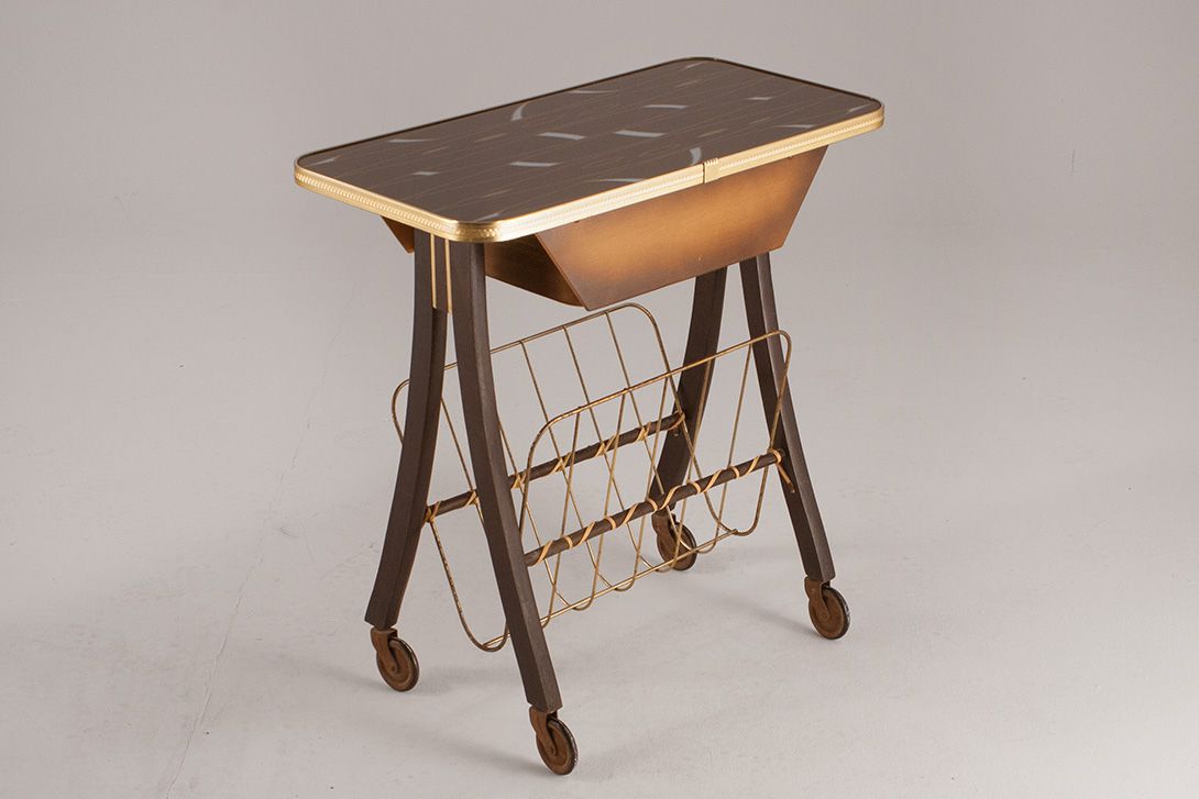 Foto Side Table on Wheels with Newspaper Rack 1950 h55x60x30