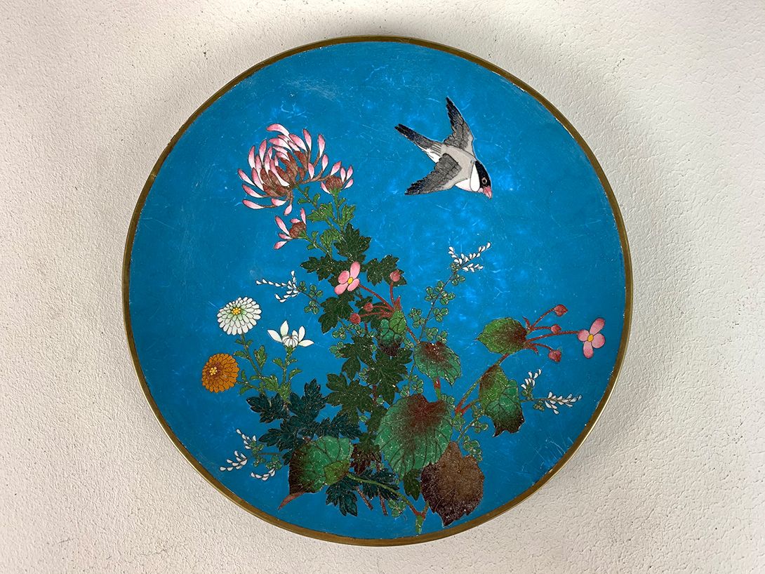 Foto Hand Painted Metal Wall Plate Flowers and Birds ø30