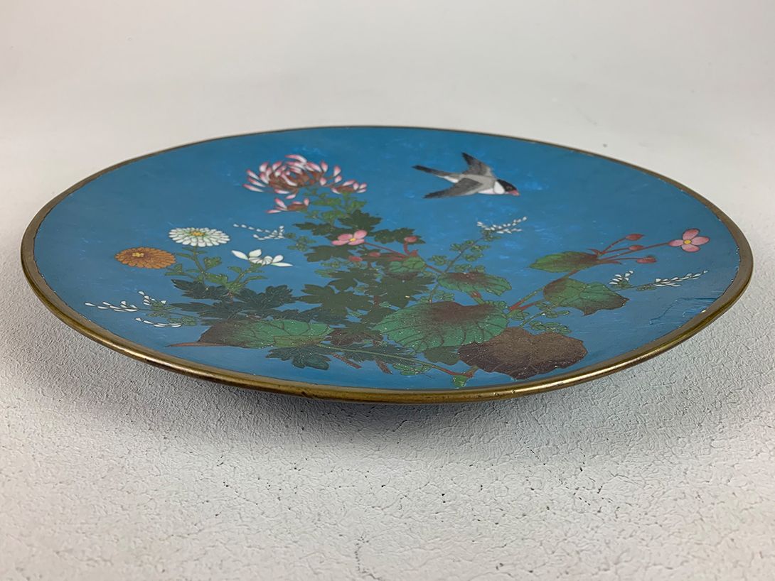 Foto Hand Painted Metal Wall Plate Flowers and Birds ø30
