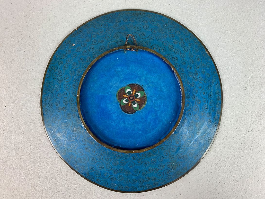 Foto Hand Painted Metal Wall Plate Flowers and Birds ø30