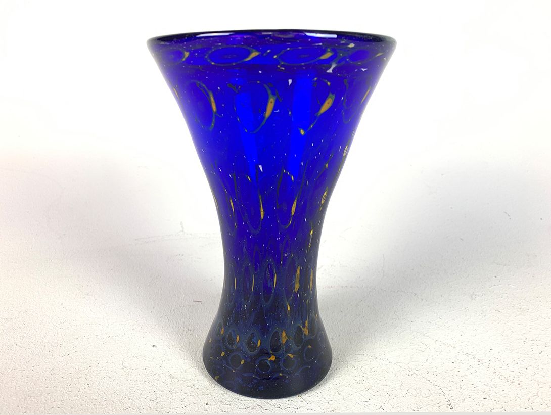 Foto Thick Blue Murano Glass Vase with Gold Sprinkles h22