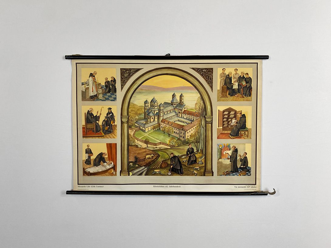 Foto German School Poster of the Monastic Life in the 12th Century 1952 h74 10027