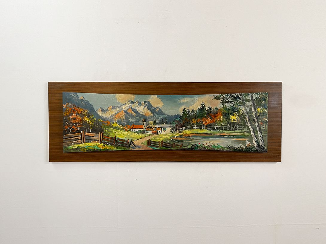 Foto Oil Painting of a mountain landscape with Wooden Backdrop h50x145 38B5