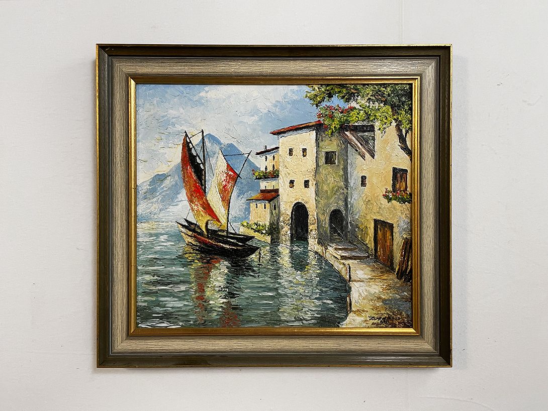 Foto Oil Painting of a Boat Docking on a Port in South Tirol 1964 h54 29A13
