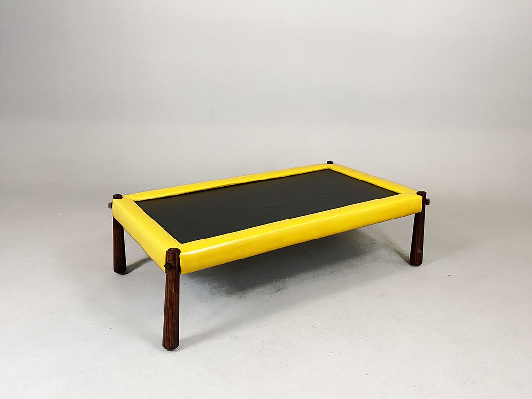 Foto Brazilian Coffee Table by Percival Lafer with Stone Top and Leather Frame 1960 h40x135x74