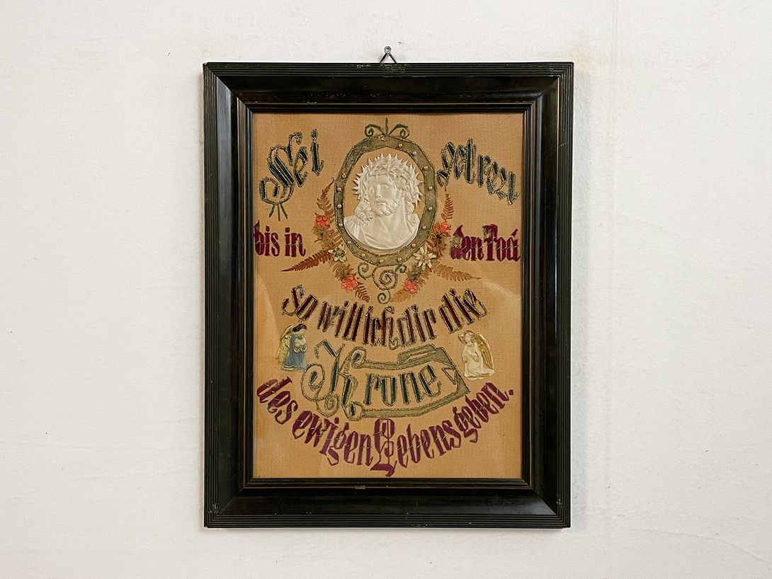 Foto Ancient Christian German Embroidery Script House Blessing 48&#215;38 15A16