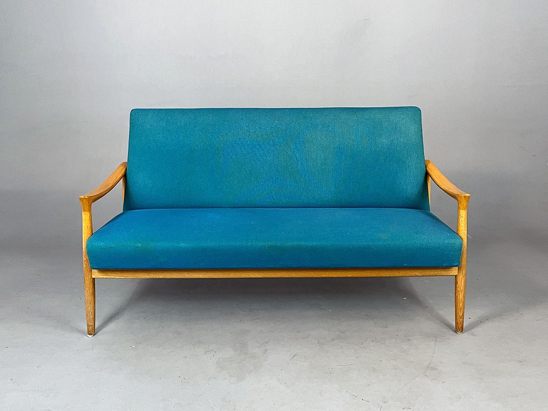 Foto Oak Wood Fritz Hansen Sofa in Teal, 1970s, h90x170