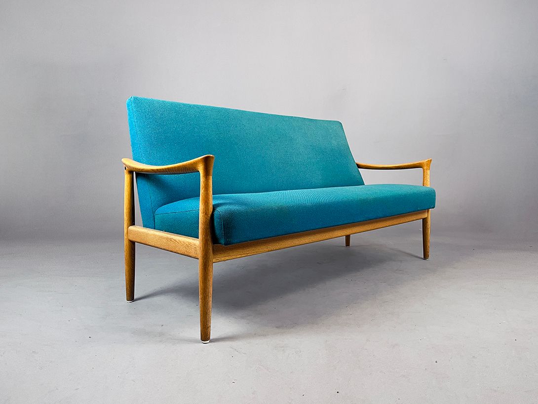 Foto Oak Wood Fritz Hansen Sofa in Teal, 1970s, h90x170