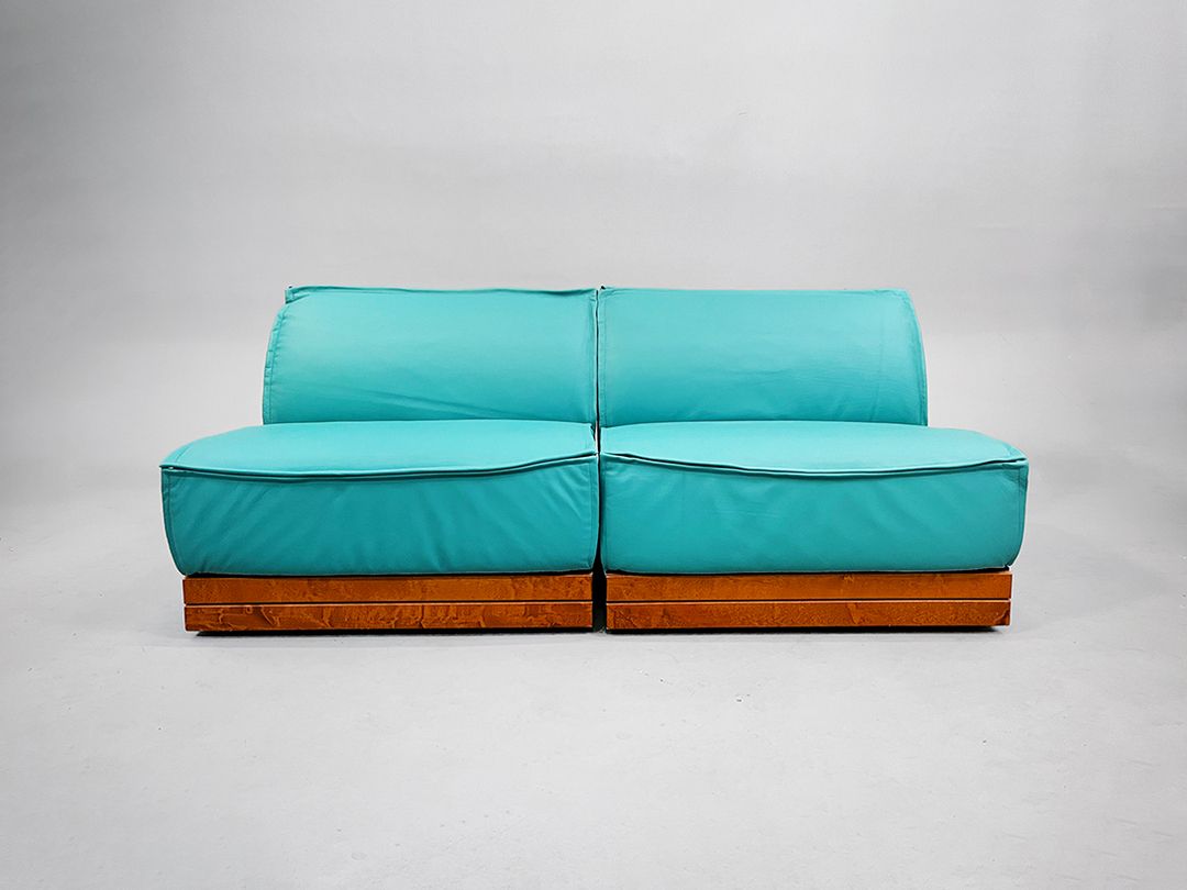 Foto Turquoise Modular Sofa with Teak Detail by Elämisen Iloksi, Finnland 1960s h72x86